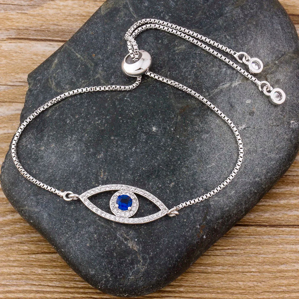 Silver, Gold or Rose Colors! Stunning Evil Eye Charm Bracelet for Women Shiny Princess Cut Cubic Zircon CZ Adjustable Bangles