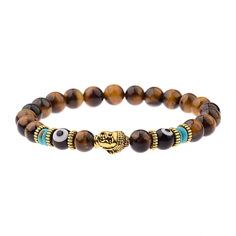 12 Styles! Natural Agate Stone Buddha & Evil Eye Bracelet Men 8mm Elastic Round Bright Black Stone Chakra Bracelet