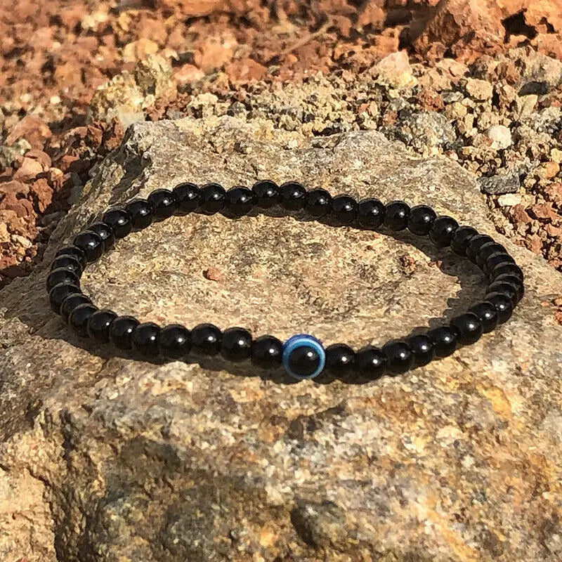 1 or 2 Piece Turkish Evil Eyes Bracelet Black Natural Stone Beads Obsidian Men's Unisex Black