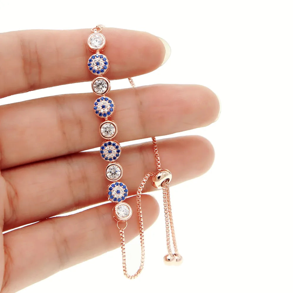 Gold, Rose, Silver Color 5mm Sparking AAA+ Cz Evil Eye Link Chain Pave Bracelet 1 PC