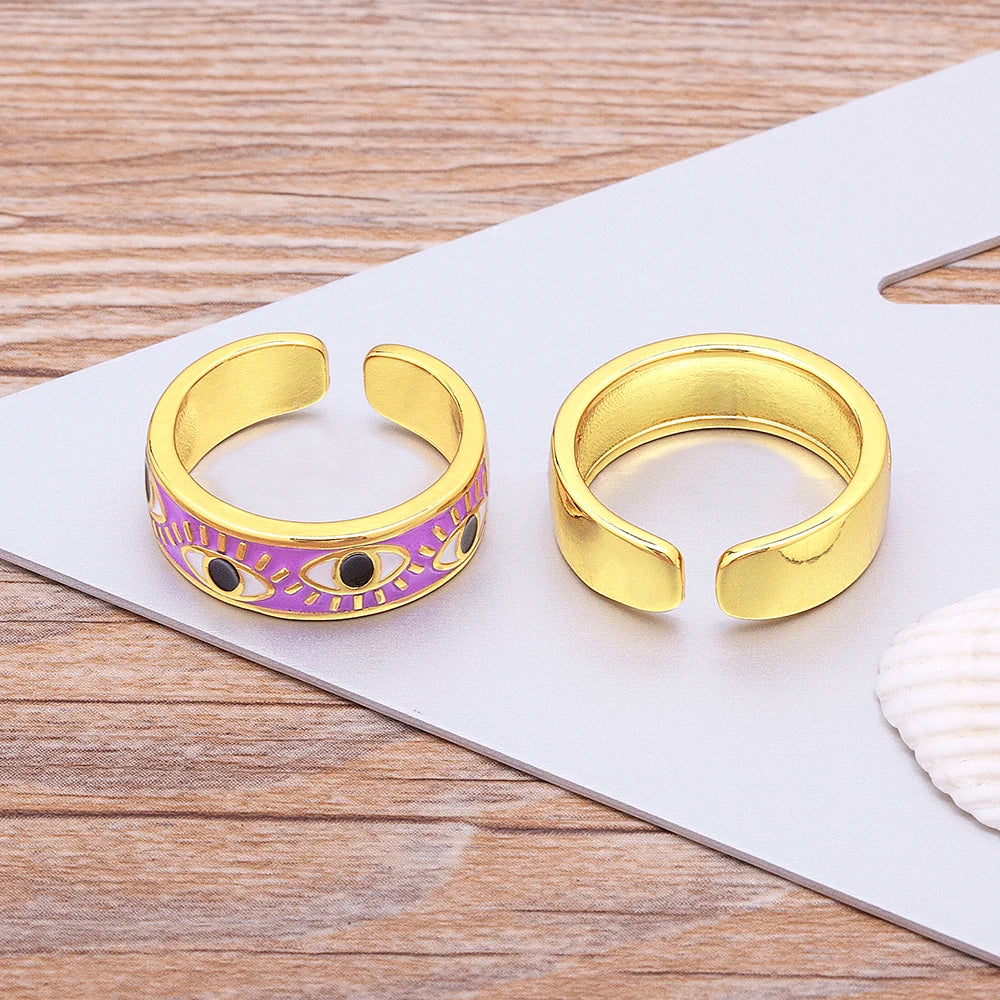 9 Colors! Handmade Enamel Multi-Colors Stackable Band Ring Women Gold Plated Dripping Oil Evil Eye Rainbow Ring Adjustable