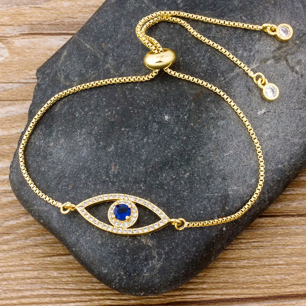 Silver, Gold or Rose Colors! Stunning Evil Eye Charm Bracelet for Women Shiny Princess Cut Cubic Zircon CZ Adjustable Bangles