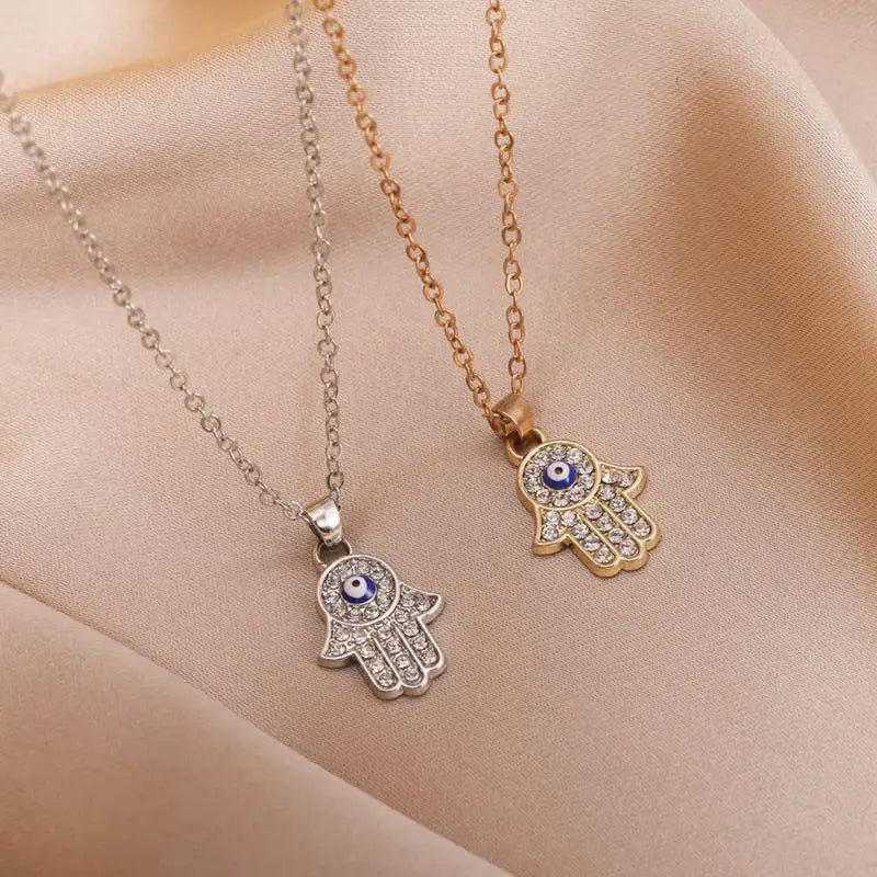 Silver or Gold Option! Evil Eye Pendant Necklace for Women Turkish Eye Fatima Hand Blue Eye Accent