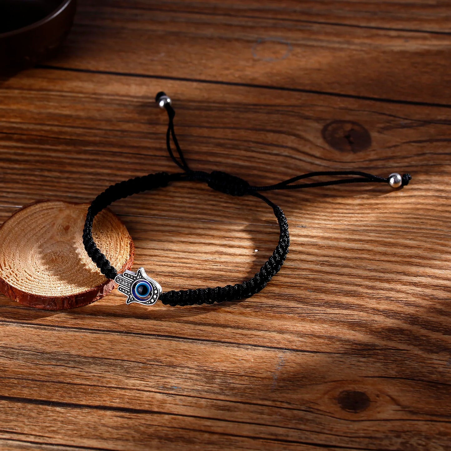 2 Colors! 2 Pack Simple Blue or Black Evil Eye Bracelet Sets for Men Unisex Charm Palm Resin Bead Rope Adjustable