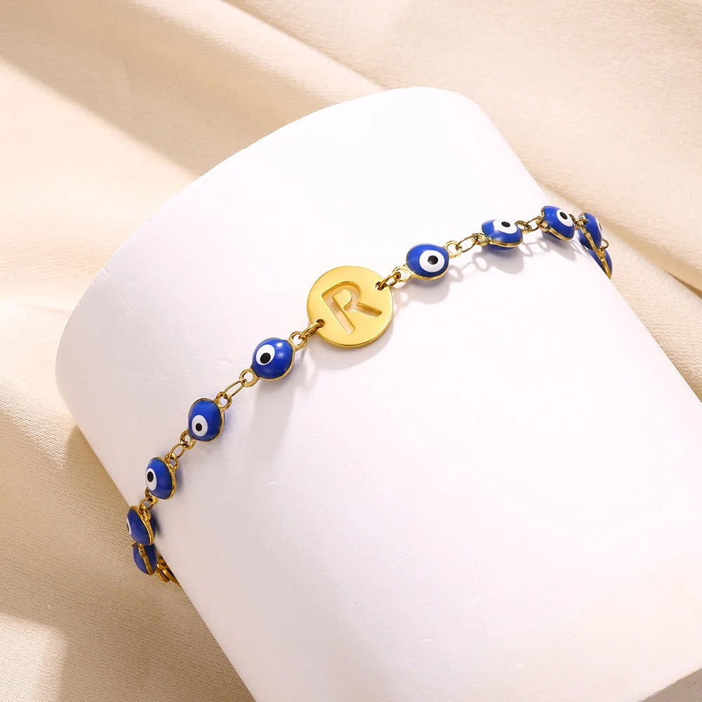 Custom Letter Name Initial Lucky Protective Blue Eye Letters Bracelets For Women Girl Amulet Jewelry Stainless Steel Gold Color