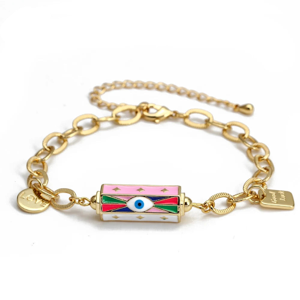 Evil Eye Eye Cuban Link Chain Evil Eye Charm Enamel Bangle Bracelet Adjustable Round Pendant Bracelet for Women Girls Jewelry