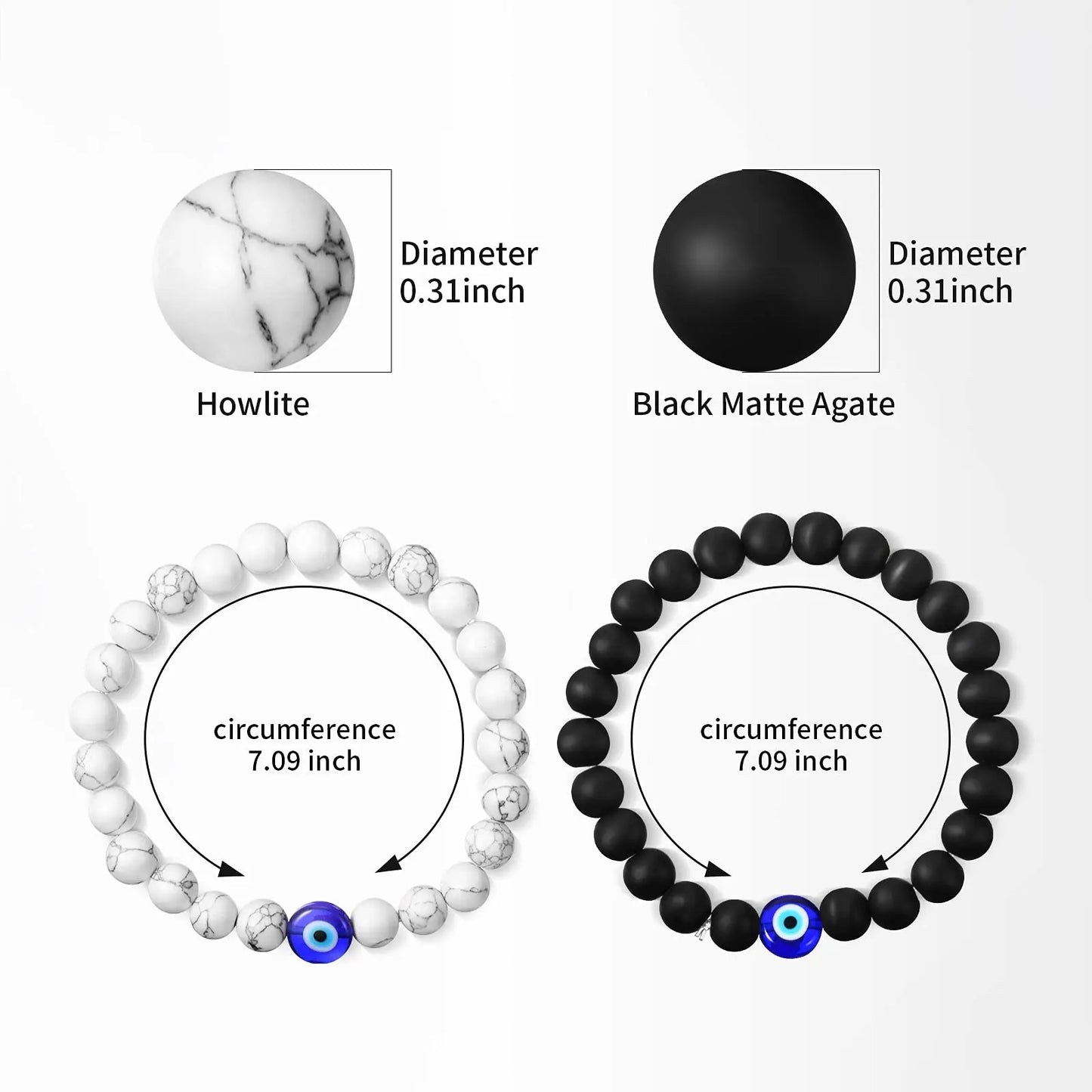 1 Piece Or 2 Pack! Turkish Evil Eye Stretch Beaded Bracelets Lava Stone Men's Unisex White Black