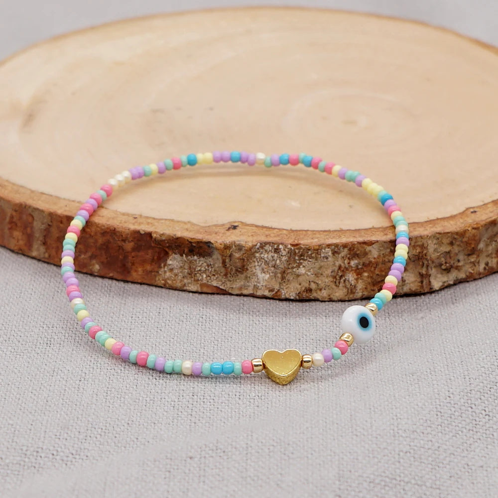 Kid's Rainbow Bead Bracelet Evil Eye Heart Jewelry Golden Heart White Glazed Evil Eye Colorful