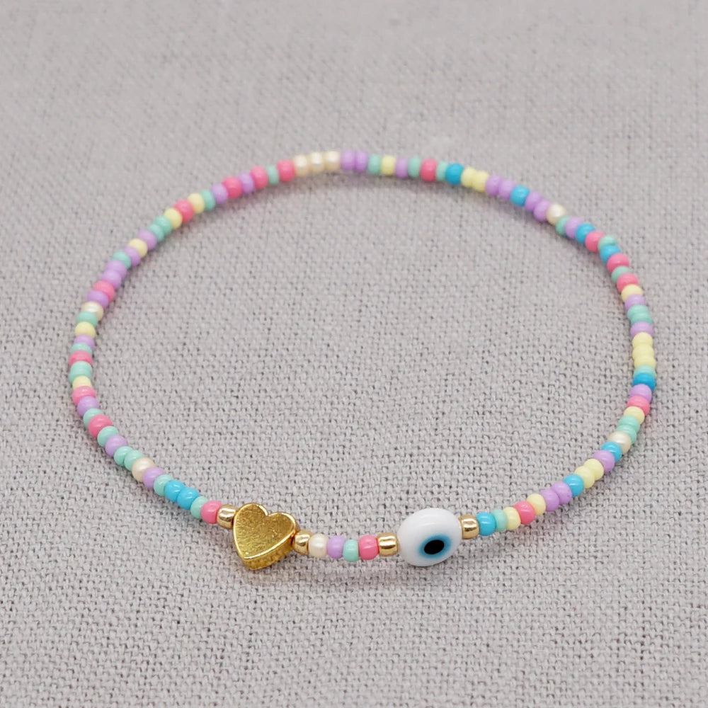 Kid's Rainbow Bead Bracelet Evil Eye Heart Jewelry Golden Heart White Glazed Evil Eye Colorful