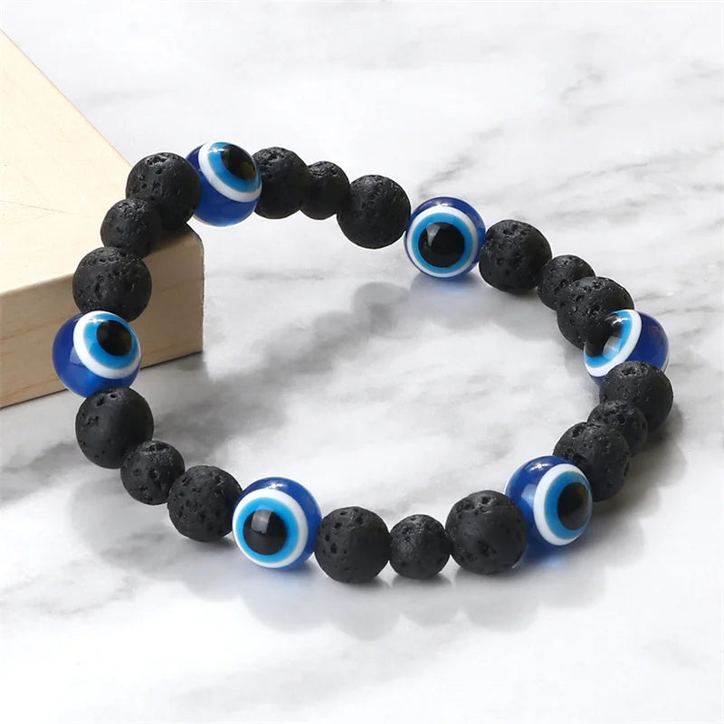 6 Variations! Men's Unisex Black Matte Lava Beads Bracelet Turkish Lucky Evil Eye Stone Obsidian Onyx