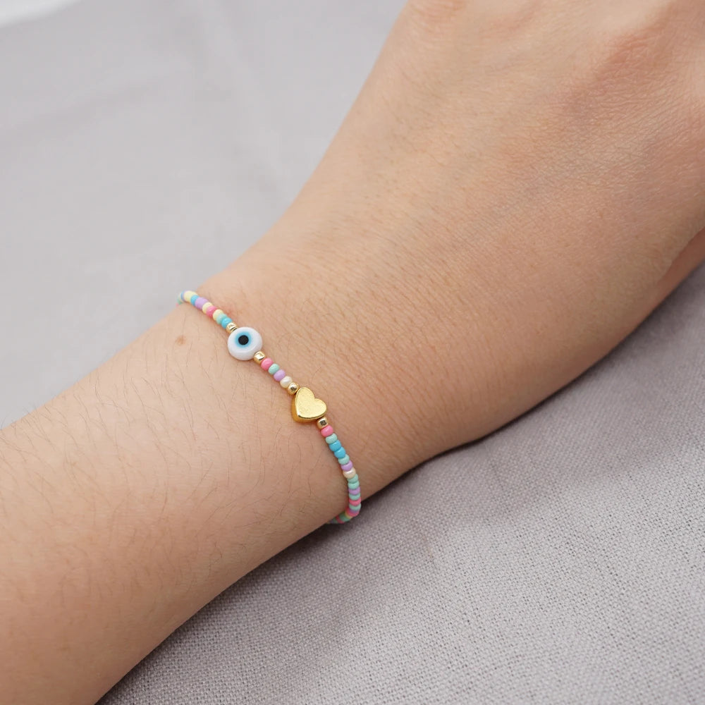 Kid's Rainbow Bead Bracelet Evil Eye Heart Jewelry Golden Heart White Glazed Evil Eye Colorful