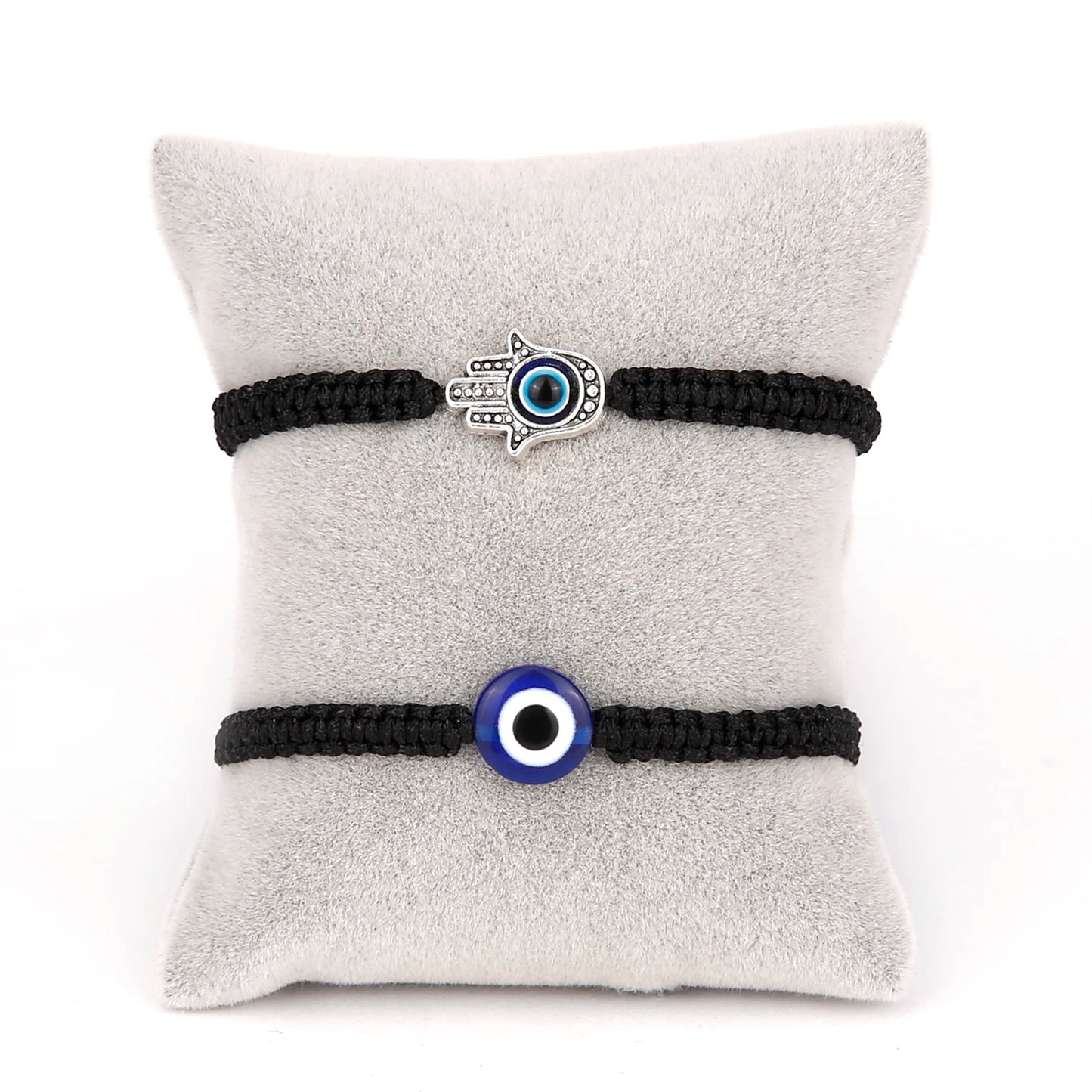 2 Colors! 2 Pack Simple Blue or Black Evil Eye Bracelet Sets for Men Unisex Charm Palm Resin Bead Rope Adjustable