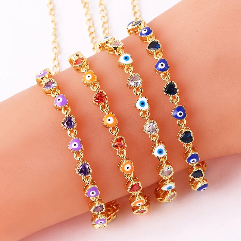 Heart Shaped 18K Gold Plated Colorful Evil Eye Charm Bracelet for Women Boho Lucky Copper Chain Adjustable Bracelet Summer Jewelry