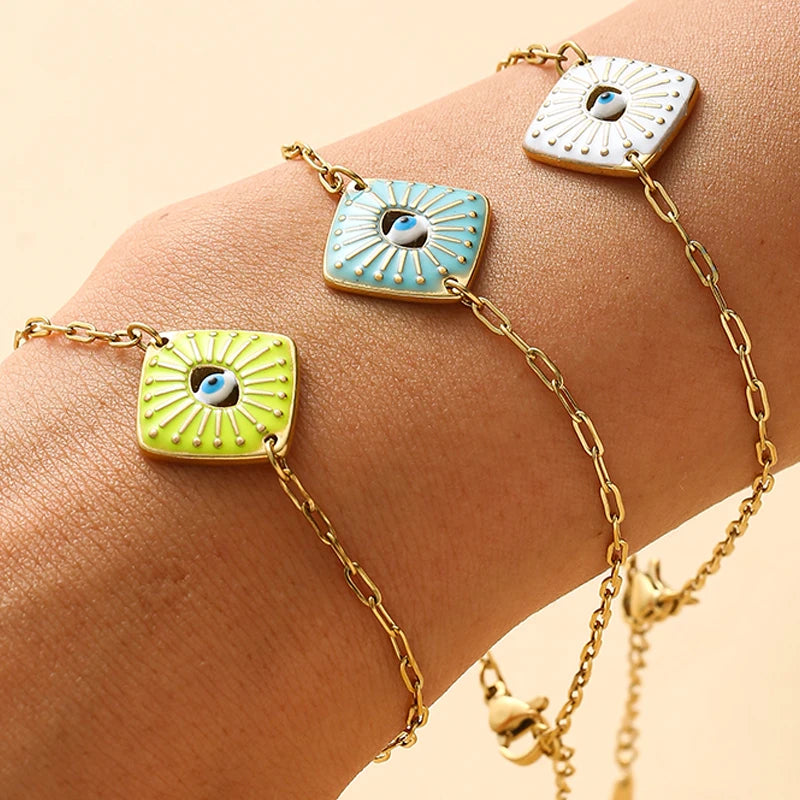 5 Colors! Boho Enamel Colorful Evil Eye Bracelets for Women Girls Gold Color Stainless Steel Square