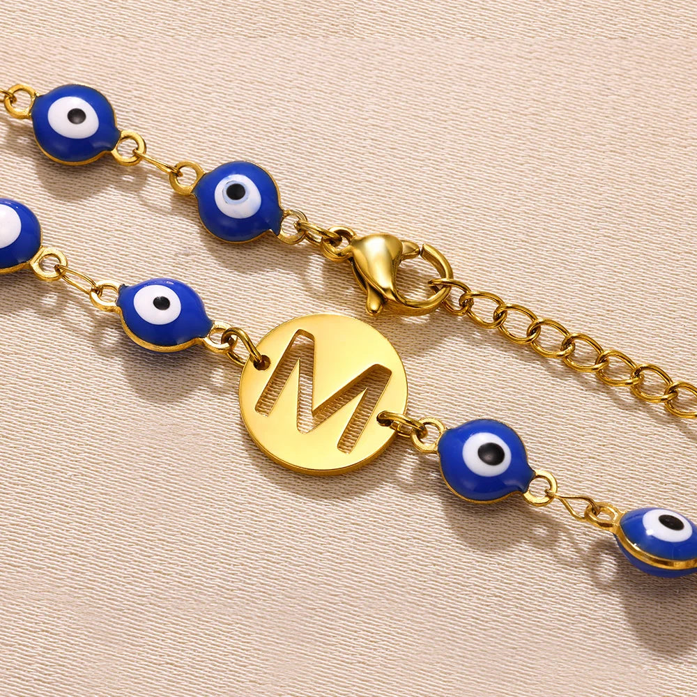 Custom Letter Name Initial Lucky Protective Blue Eye Letters Bracelets For Women Girl Amulet Jewelry Stainless Steel Gold Color