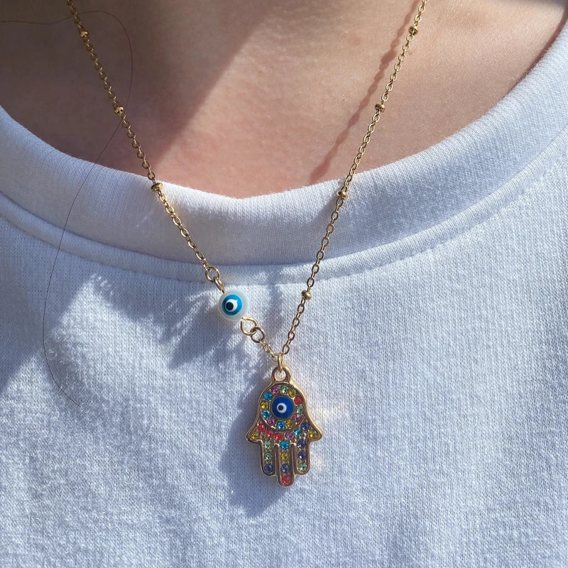 Silver or Gold Colorful Zircon Evil Eye Fatima Hand Chain Necklace For Women