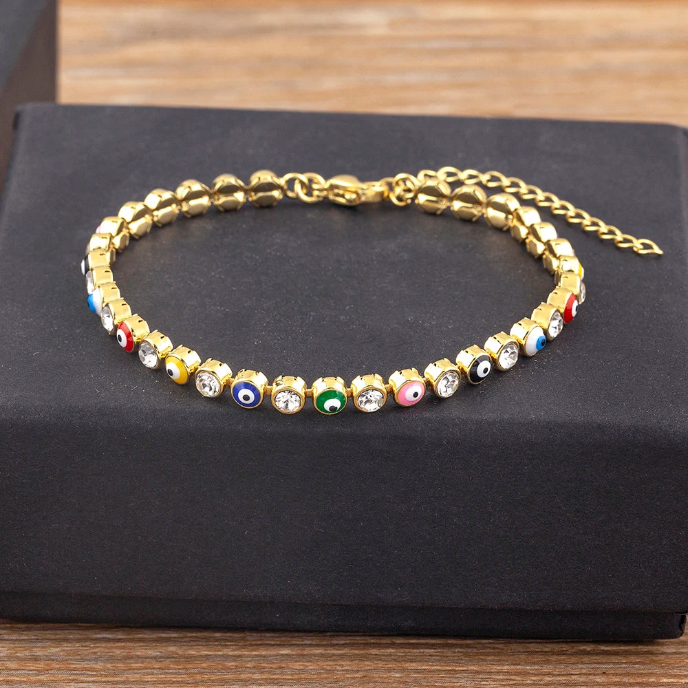 6 Colors! Precious Lucky Evil Eye Shiny Charm CZ Tennis Bracelet for Women Crystal Zircon Jewelry Adjustable Chain Bangle