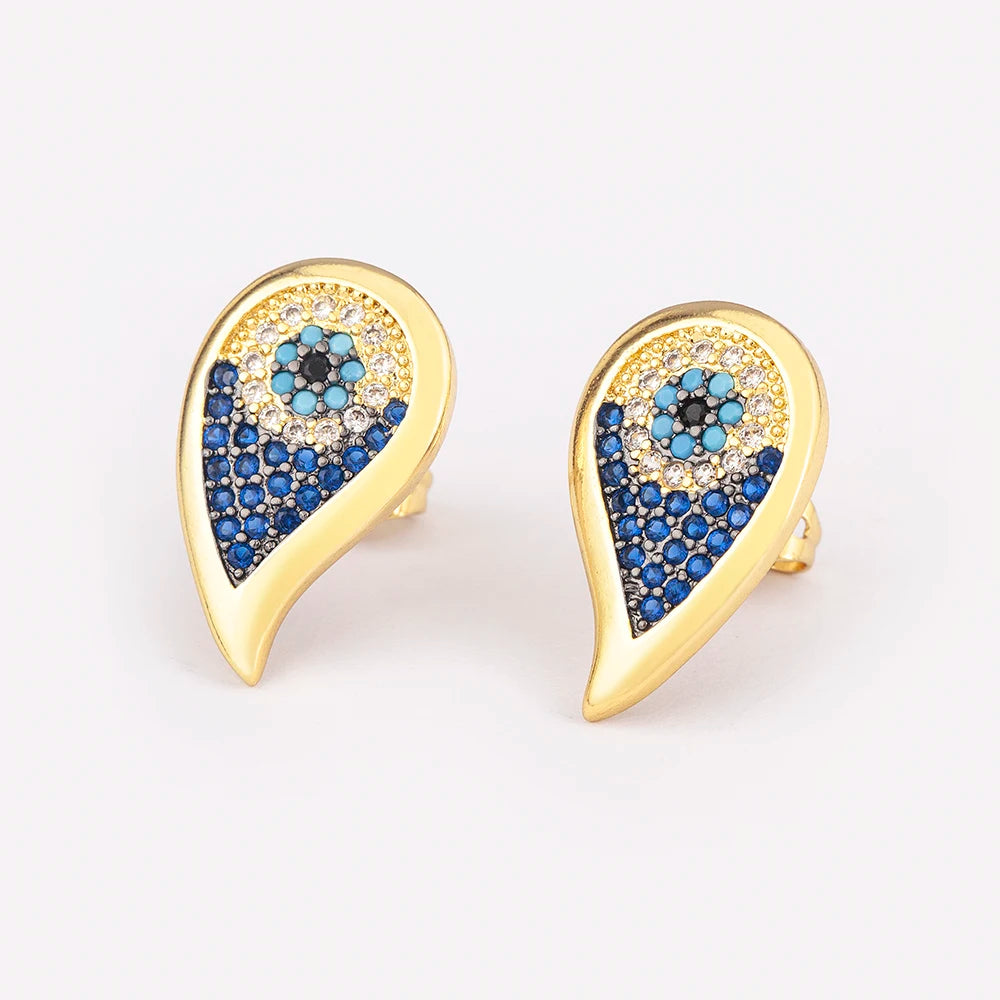 Lucky Turkish Evil Eye Colorful Zirconia Stud Earrings For Women Water Drop Gold Plated Crystal