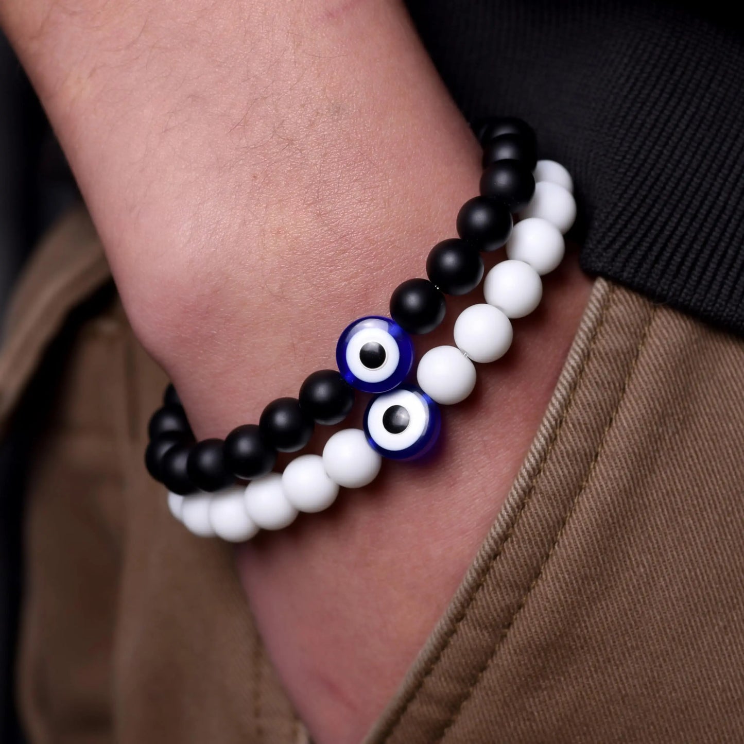 1 Piece Or 2 Pack! Turkish Evil Eye Stretch Beaded Bracelets Lava Stone Men's Unisex White Black