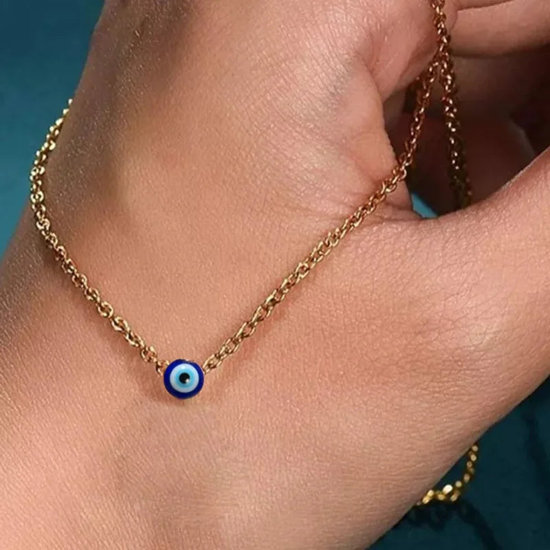 Silver or Gold Evil Eye Necklace for Women Blue Eye Hand Stainless Steel Chain Choker Clavicle Chain