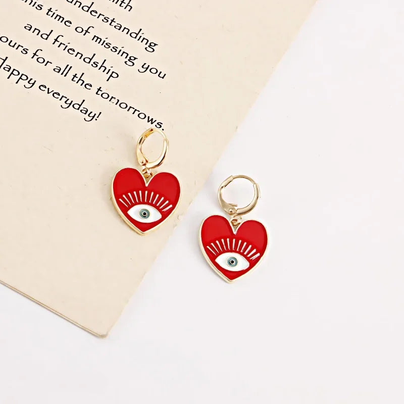 6 Colors! Colorful Evil Eye Heart-shaped Gold Color Dangle Earrings for Women Girls