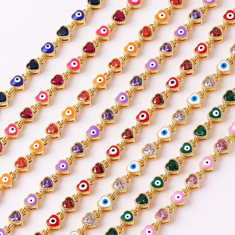 Heart Shaped 18K Gold Plated Colorful Evil Eye Charm Bracelet for Women Boho Lucky Copper Chain Adjustable Bracelet Summer Jewelry