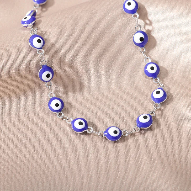 Stainless Steel Blue Turkey Evil Eye Bead Anklet For Women Men Silver Color Chain Zircon Palm Charm Bracelet Female Jewelry Gift
