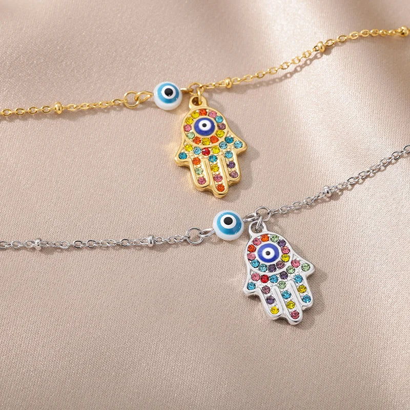 Stainless Steel Blue Turkey Evil Eye Bead Anklet For Women Men Silver Color Chain Zircon Palm Charm Bracelet Female Jewelry Gift