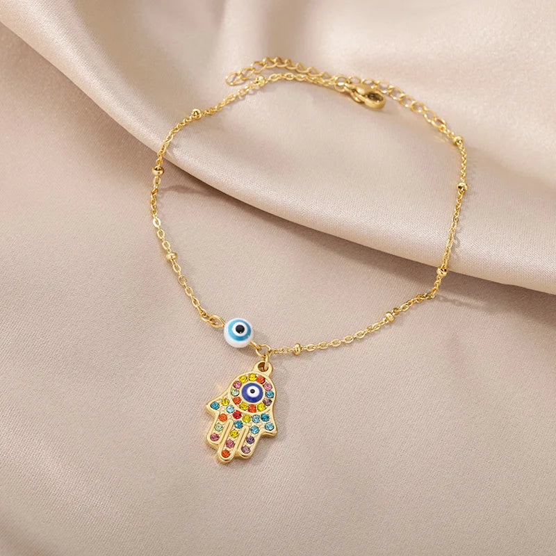 Stainless Steel Blue Turkey Evil Eye Bead Anklet For Women Men Silver Color Chain Zircon Palm Charm Bracelet Female Jewelry Gift