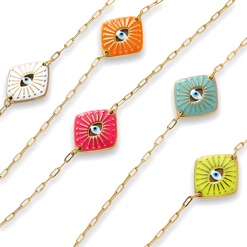 5 Colors! Boho Enamel Colorful Evil Eye Bracelets for Women Girls Gold Color Stainless Steel Square