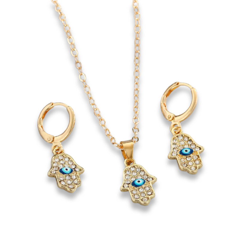 Gold Color Evil Eye Necklace and Earrings Hand Hamsa Fatima Matching Set or Seperate