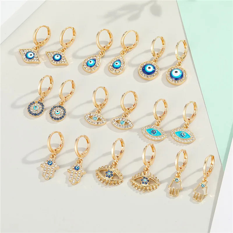 17 Styles! 1 Pair Rhinestone Fatima Hand Hollow Evil Eye Earrings For Women Trendy Round Eye Hoop Earrings