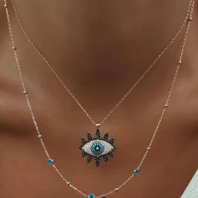 Evil Eye Necklace Pendant Clavicle Chain Long Set, Matching Earings Long and Short