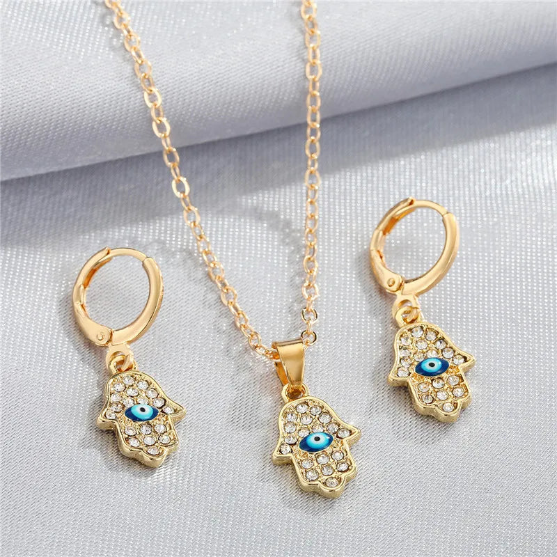 Gold Color Evil Eye Necklace and Earrings Hand Hamsa Fatima Matching Set or Seperate