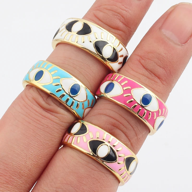 White Pink Blue Enamel Engrave Cute Lovely Turkish Evil Eye Rings Wide Gold Color Eternity Band