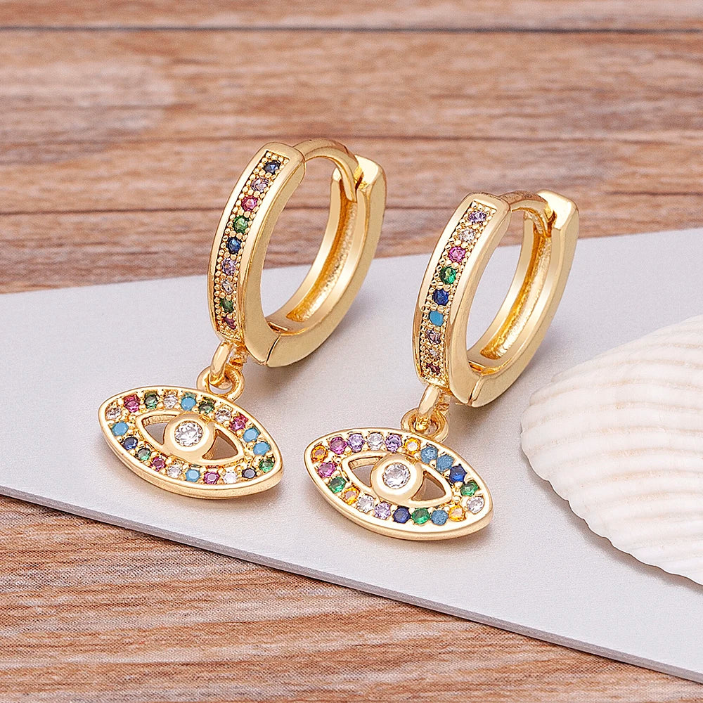 3 Styles! Gold And Colorful Stone Bohemian Zircon Blue Evil Eye Hoop Earrings for Women Cute Unique Gold Color Crystal Drop Earrings