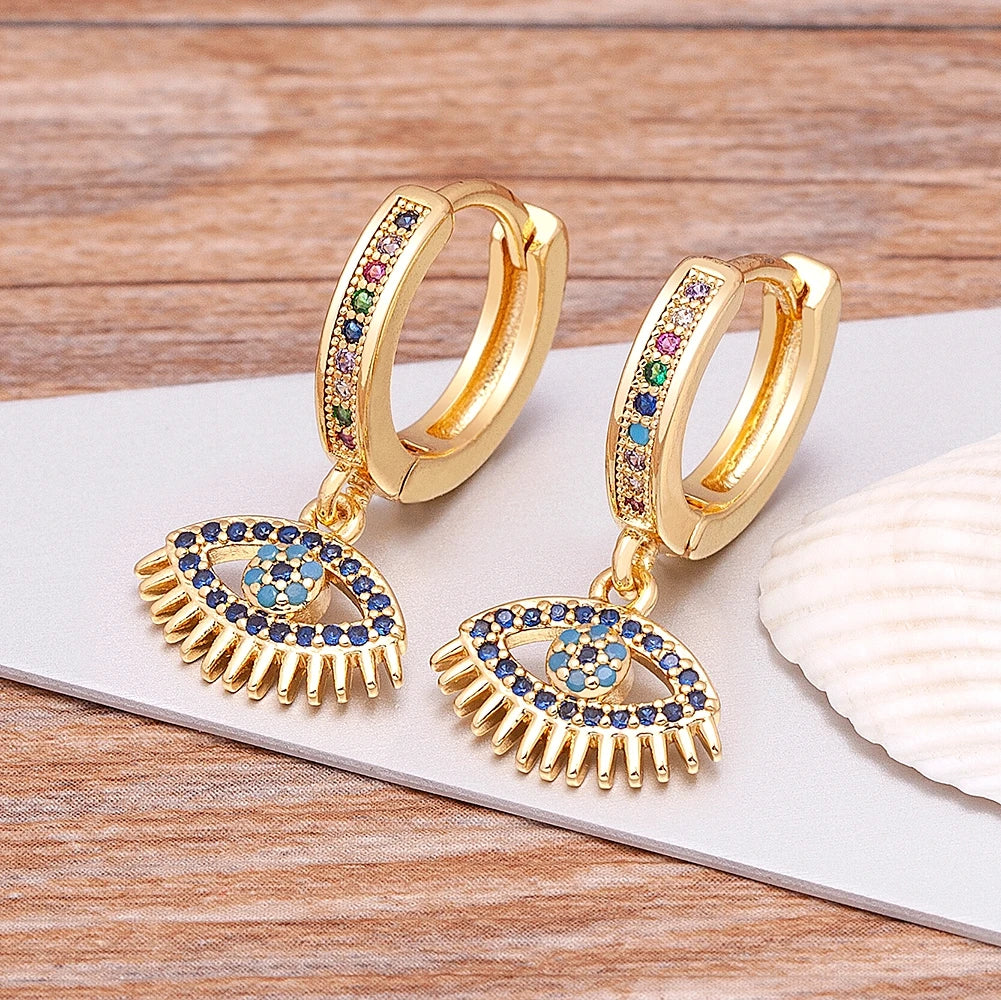3 Styles! Gold And Colorful Stone Bohemian Zircon Blue Evil Eye Hoop Earrings for Women Cute Unique Gold Color Crystal Drop Earrings