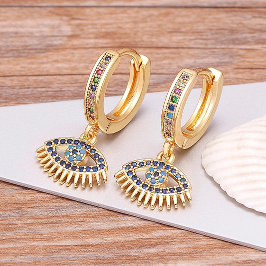 3 Styles! Gold And Colorful Stone Bohemian Zircon Blue Evil Eye Hoop Earrings for Women Cute Unique Gold Color Crystal Drop Earrings