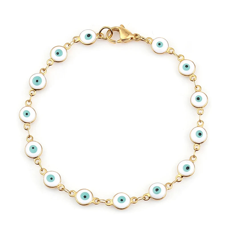 Stainless Steel Bracelets Gold Color Link Chain Multicolor Evil Eye Enamel Bracelets For Women 19.2cm , 1 Piece