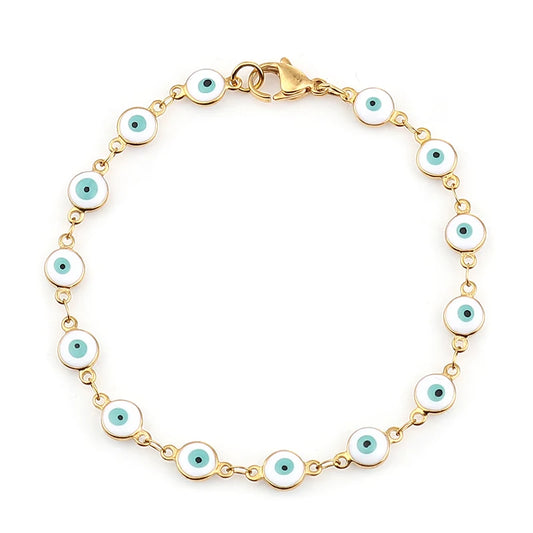 Stainless Steel Bracelets Gold Color Link Chain Multicolor Evil Eye Enamel Bracelets For Women 19.2cm , 1 Piece