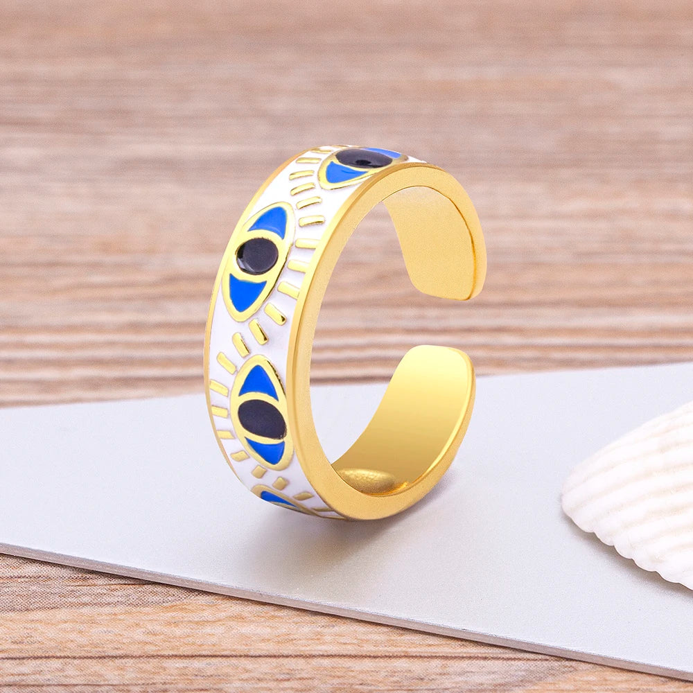 9 Colors! Handmade Enamel Multi-Colors Stackable Band Ring Women Gold Plated Dripping Oil Evil Eye Rainbow Ring Adjustable