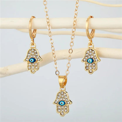 Gold Color Evil Eye Necklace and Earrings Hand Hamsa Fatima Matching Set or Seperate