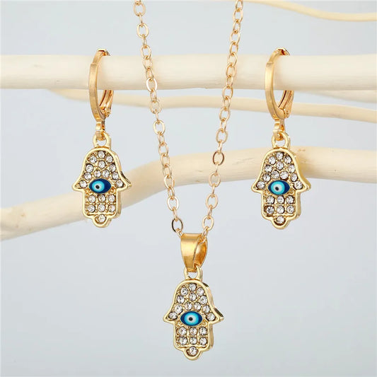 Gold Color Evil Eye Necklace and Earrings Hand Hamsa Fatima Matching Set or Seperate