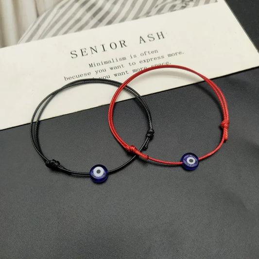 2 Pack of Flat Evil Eye Woven Mens Unisex Bracelet Adjustable Black Blue White Red String Bracelets