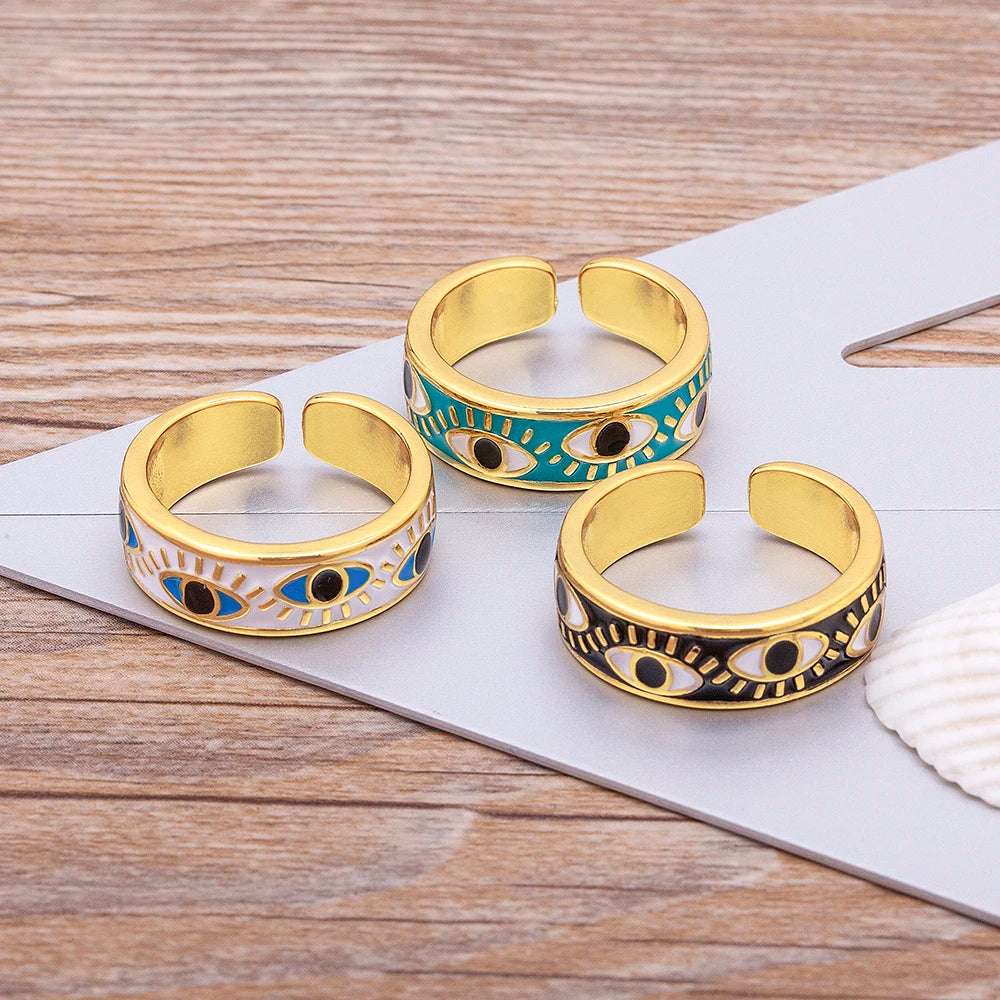 9 Colors! Handmade Enamel Multi-Colors Stackable Band Ring Women Gold Plated Dripping Oil Evil Eye Rainbow Ring Adjustable