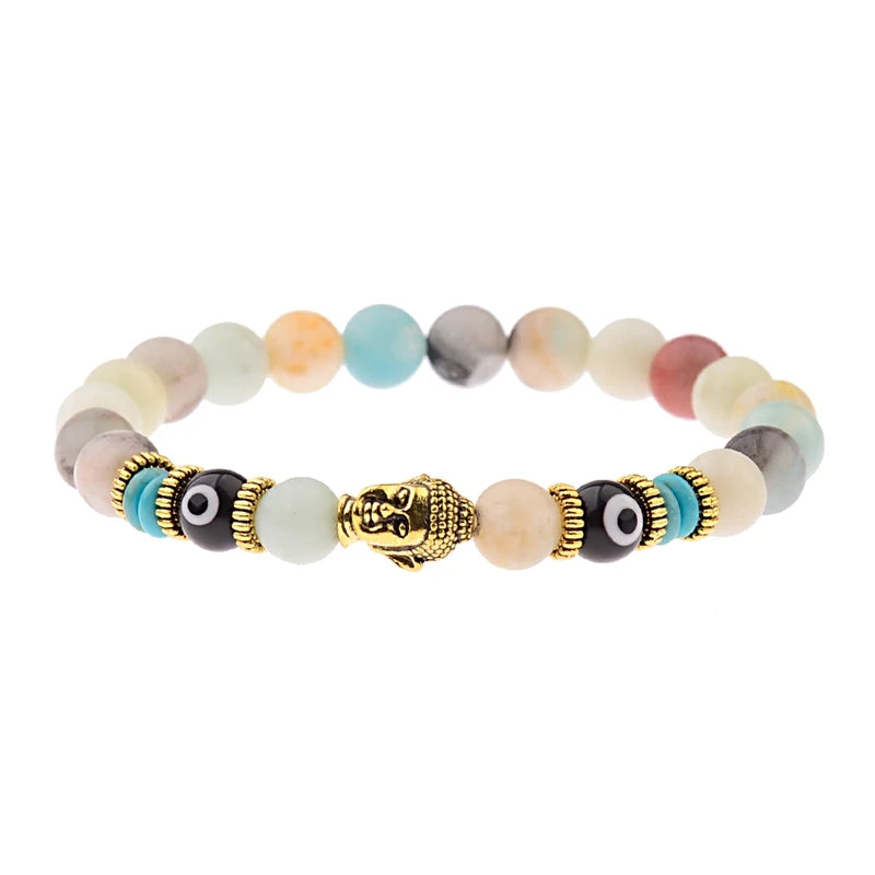 12 Styles! Natural Agate Stone Buddha & Evil Eye Bracelet Men 8mm Elastic Round Bright Black Stone Chakra Bracelet