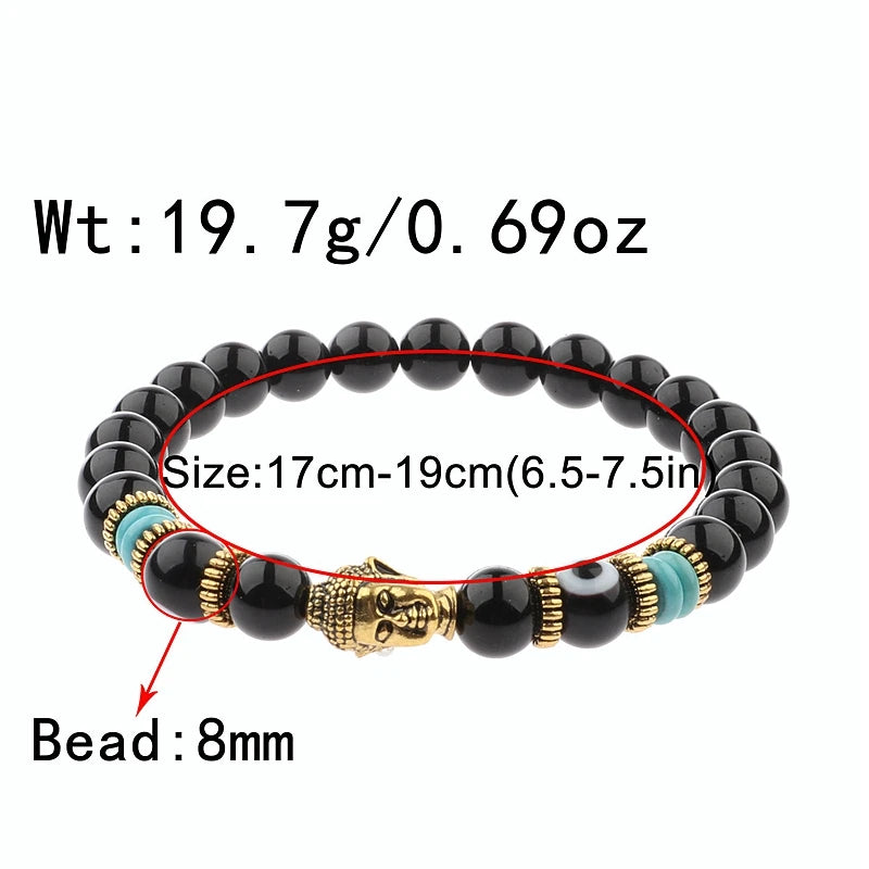 12 Styles! Natural Agate Stone Buddha & Evil Eye Bracelet Men 8mm Elastic Round Bright Black Stone Chakra Bracelet