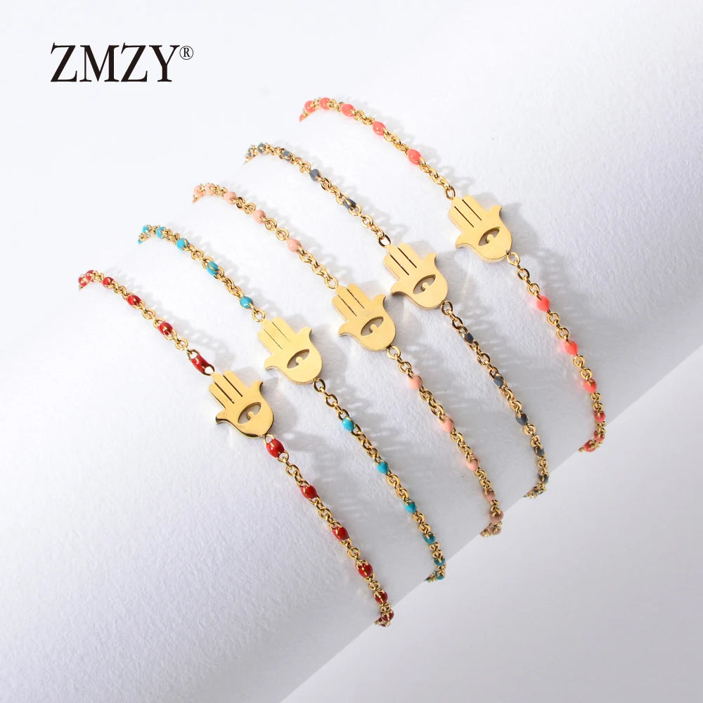 ZMZY Thin Chain Stainless Steel Bracelet Women Gold Color Evil Eye Hamsa Hand Turkish Jewelry Bangle Boho Wedding Bracelet