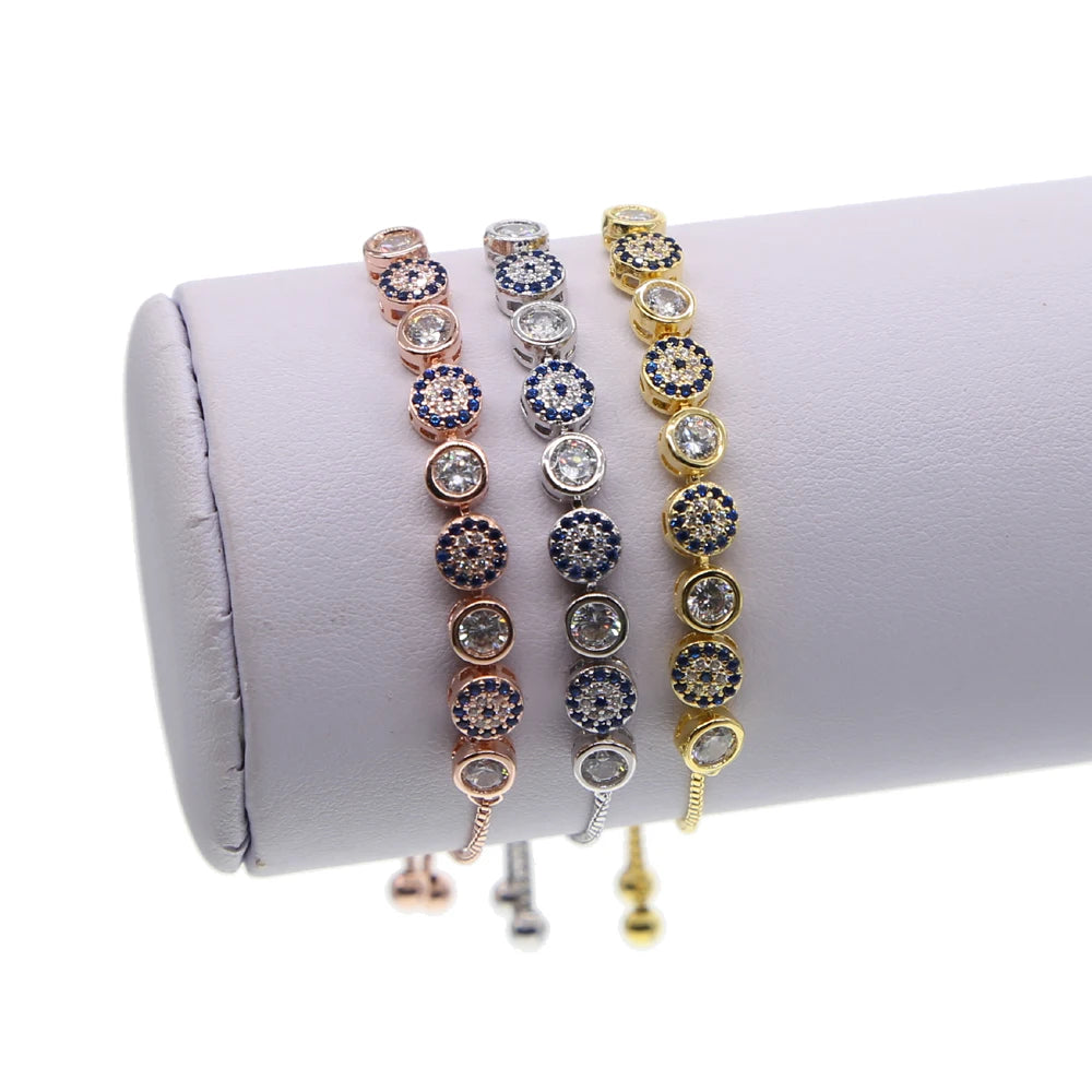 Gold, Rose, Silver Color 5mm Sparking AAA+ Cz Evil Eye Link Chain Pave Bracelet 1 PC