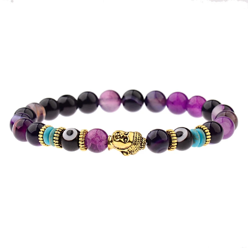 12 Styles! Natural Agate Stone Buddha & Evil Eye Bracelet Men 8mm Elastic Round Bright Black Stone Chakra Bracelet